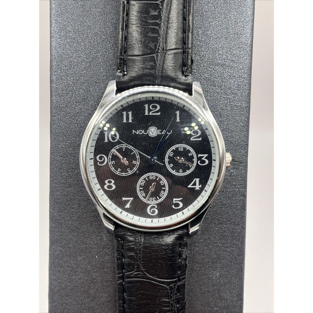 Nouveau Men's Quartz Watch Silver‎ 38mm Case Black Leather Band- New Battery